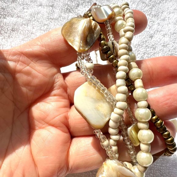 White and Brown Seashell Stretch Multi Layer Bracelet - Picture 4 of 8